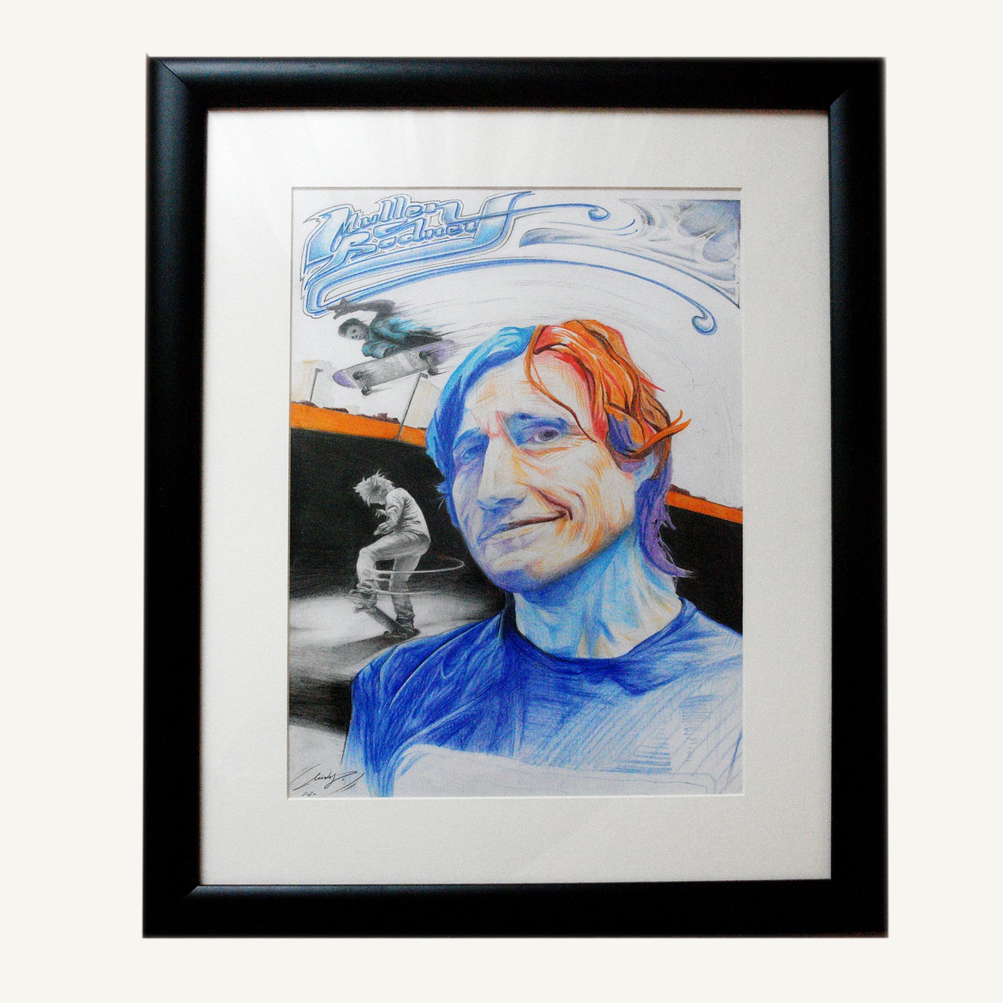 Colorful crayon portrait of Rodney Mullen with skateboarding tricks