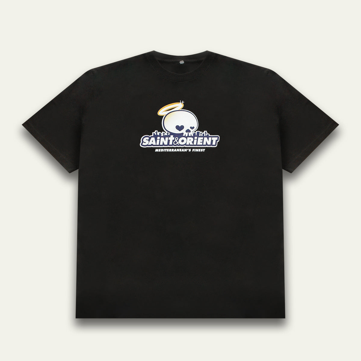 Black t-shirt with playful cartoon skull and graveyard illustration