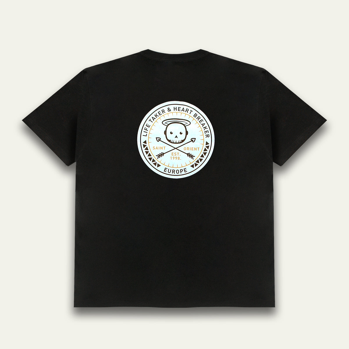 Black oversized t-shirt with Life Taker Heart Breaker circular badge logo