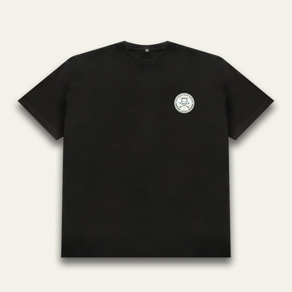 Black oversized t-shirt with Life Taker Heart Breaker circular badge logo