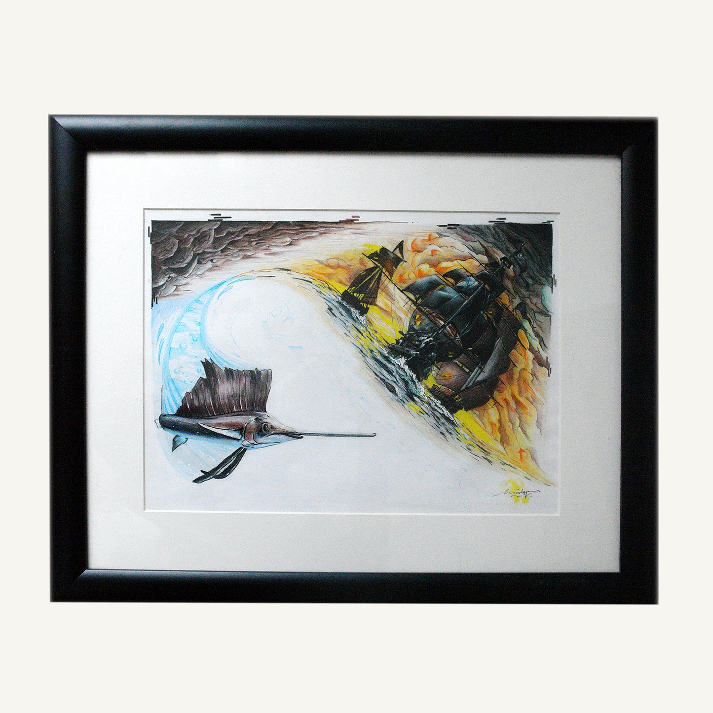 Pirates mixed media artwork with vibrant pirate ships and sailfish