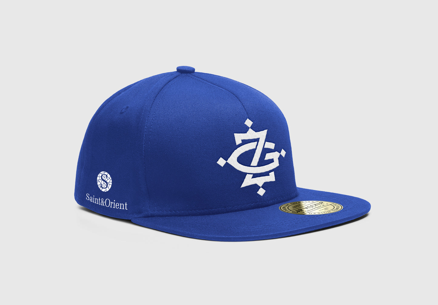 Side view of blue snapback flat brim cap, urban fashion style