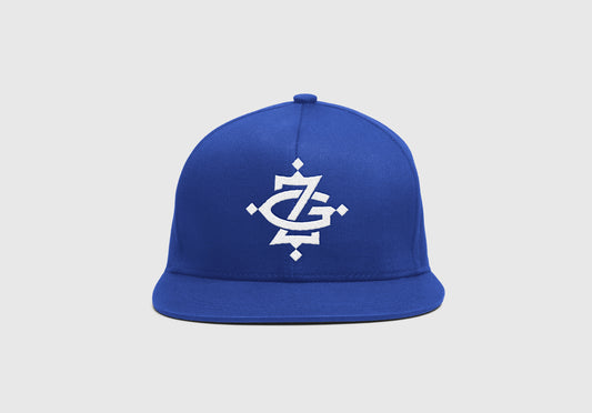 Custom blue flat brim hip hop cap with ZG monogram embroidery