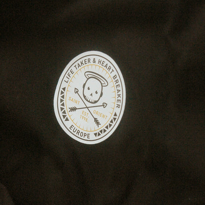 Black oversized t-shirt with Life Taker Heart Breaker circular badge logo