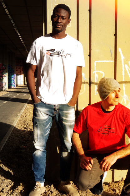 Loose calligraphy graphic on white Saint&Orient tee