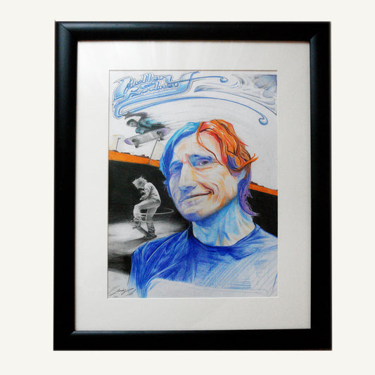 Colorful crayon portrait of Rodney Mullen with skateboarding tricks