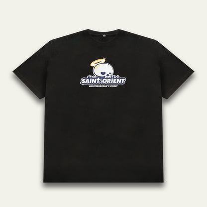 Black t-shirt with playful cartoon skull and graveyard illustration