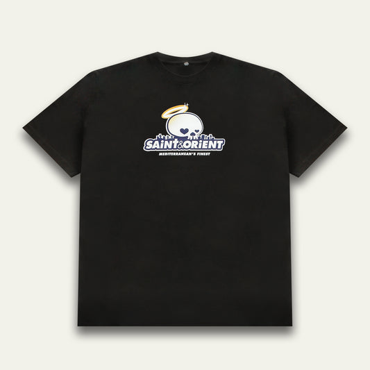 Black t-shirt with playful cartoon skull and graveyard illustration