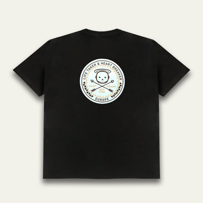 Black oversized t-shirt with Life Taker Heart Breaker circular badge logo