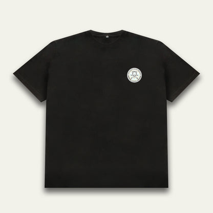 Black oversized t-shirt with Life Taker Heart Breaker circular badge logo
