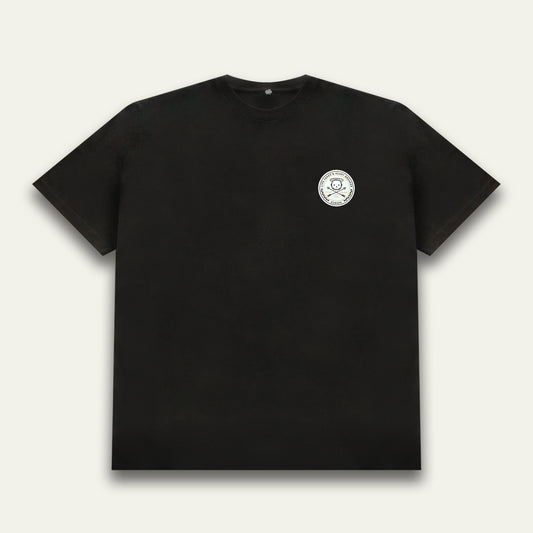 Black oversized t-shirt with Life Taker Heart Breaker circular badge logo