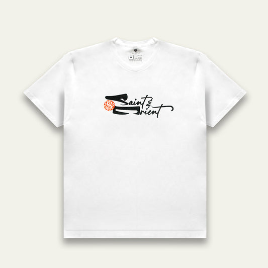 Loose calligraphy graphic on white Saint&Orient tee