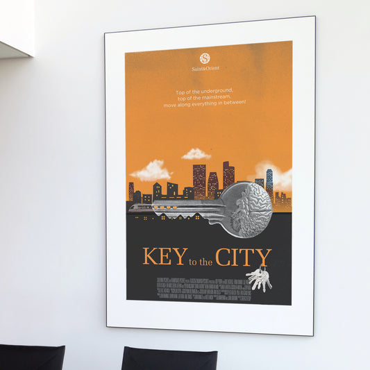 Urban conceptual poster showing brain as key to success